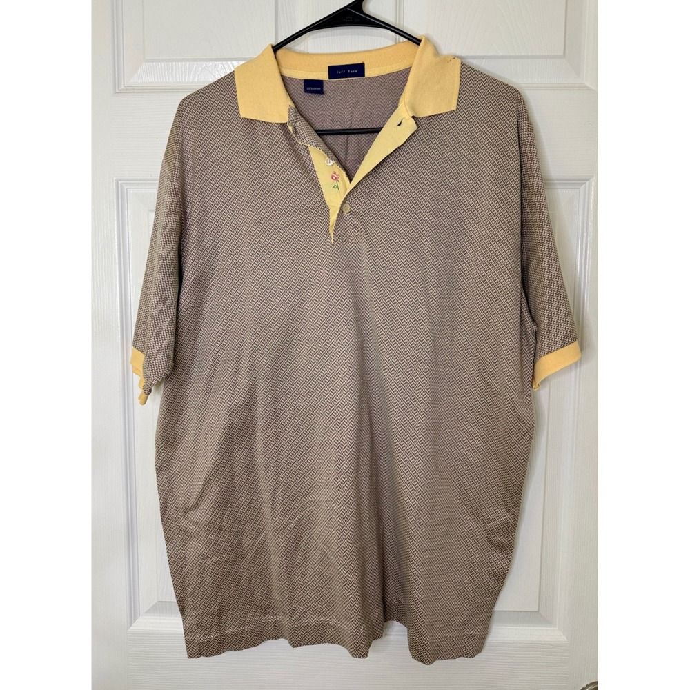 Jeff Rose Polo Shirt Mens Medium Tan Yellow‎ Excellent Herringbone Made in Italy